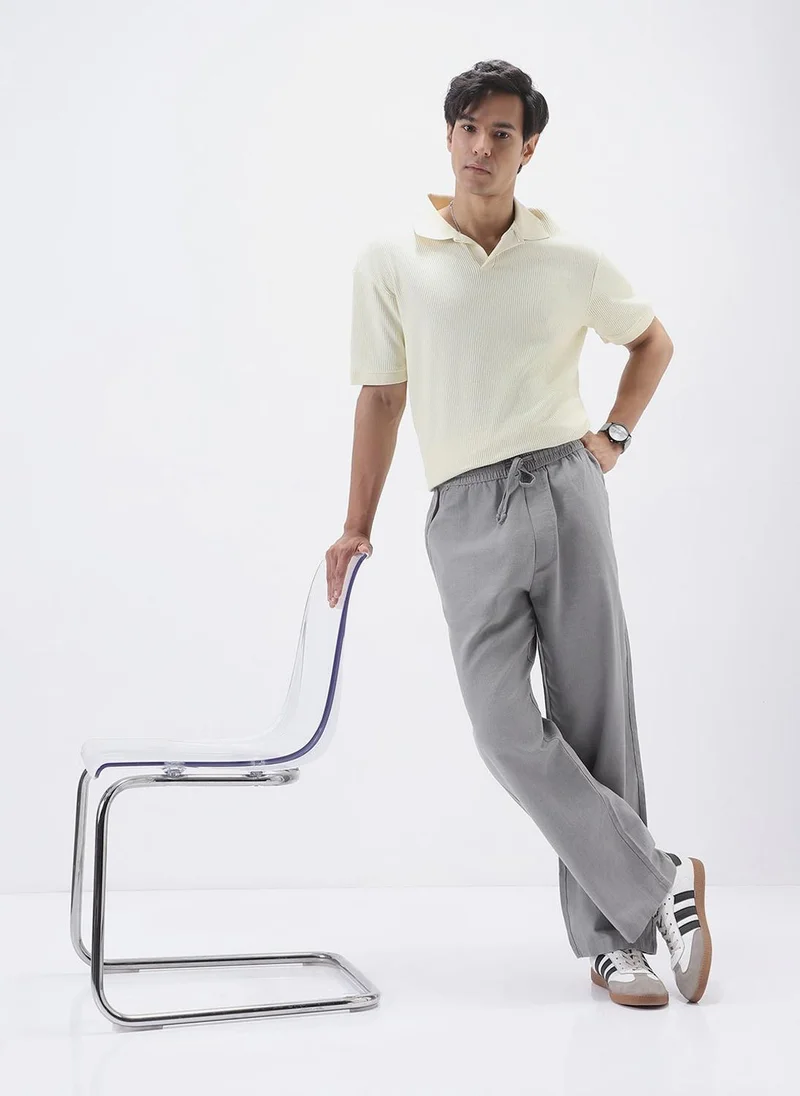 Urbano Fashion  Urbano Fashion Men's Grey Loose Fit Solid Linen Blend Trousers Non-Stretchable for Men | Best Price UAE